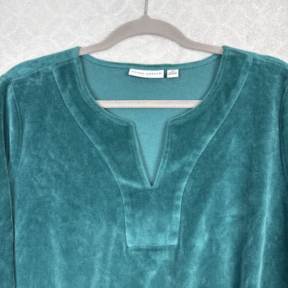 Susan Graver Velour Tunic Top Womens 2X Teal Green Split Neck Casual Cozy Winter - Picture 2 of 8